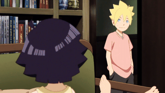 Boruto aggressively and playfully waking Naruto while Himawari watches stunned