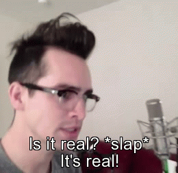 Brendon Urie's reaction to Miss Jackson being on the top itunes chart <><> me when a ship becomes canon