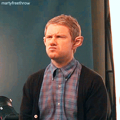 [Click through for .gif set] Martin Freeman, half in - half out of hobbit costume and character.