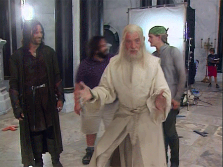 detrás de escena El Señor de los Anillos- Viggo Mortensen (Aragorn, Ian McKellen (Gandalf,Orlando Blum (Legolas y John Rhys-Davies (Gimli