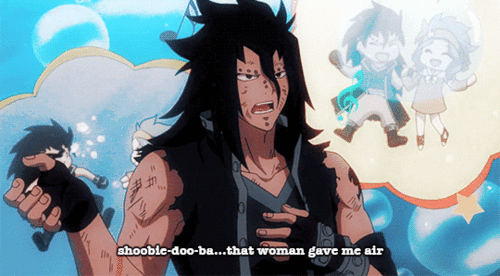 Gajeel, singing, text, quote, funny, Levy, blushing, couple, gif; Fairy Tail