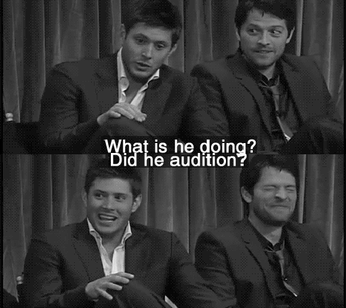 (gif Jensen reacting to Misha's portrayal of Castiel in their first scene together