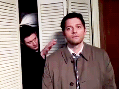 Here you seen Dean coming out of the closet...Surprising Castiel in the process. Then he goes back in. For shame.