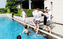 I knew they would eventually force Jin into the pool!! Taehyung's over there like 
