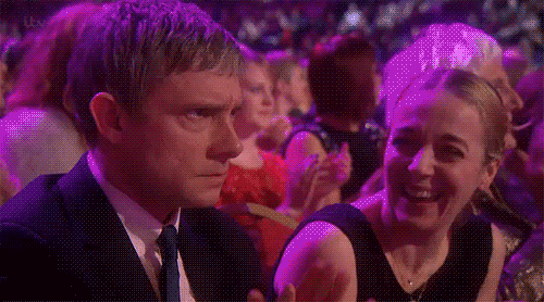 Martin Freeman's reaction to Sherlock losing to Downton Abbey. His wife Amanda's reaction to his reaction - priceless.