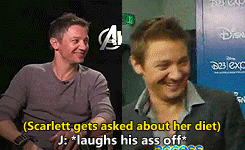 my stuff The Avengers Jeremy Renner scarlett johansson rennerson I love the fact that Jeremy laughs every time Scarlett gets asked this question
