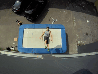 New extreme sport. Christophe Hammel demonstrating trampoline wall climbing.