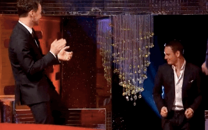 Note James McAvoy’s serious legwork, here. | Watch Hugh Jackman, Michael Fassbender And James McAvoy Dance To “Blurred Lines”