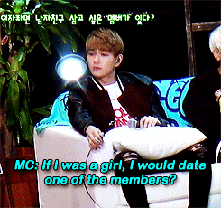 Onew's hilarious reactions to a series questions regarding SHINee members hypothetically dating SHINee members.  (.gif set.