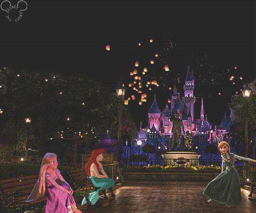 Rapunzel, Ariel, and Anna in Disney World with floating lanterns