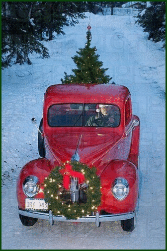 Red oldtimer car with a christmas tree and a wreath. I added some twinkle lights and a border to it. DF.