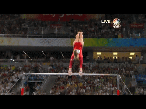 Shawn Johnson gif. 2008 Olympics All-Around Bars double layout dismount #gymnastics #silver