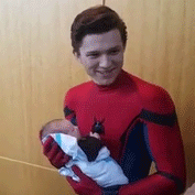 Spidey leavibg a patrol and coming directly at the hospital to his child's birth 