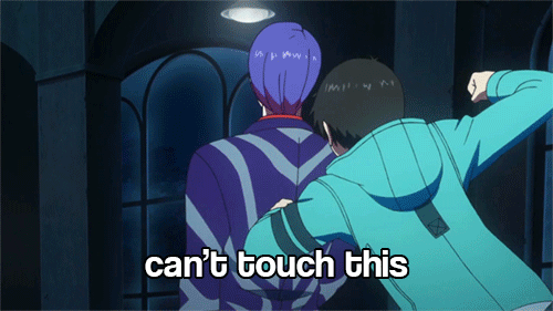 Tokyo Ghoul. The frame rate on my computer is so slow but I honestly don't care because every single frame on this gif has a hilarious Tsukiyama face. I was laughing at that more than the gif itself.