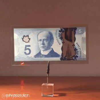 Canadian bills produce a holographic image of their denomination when a laser is shined through them